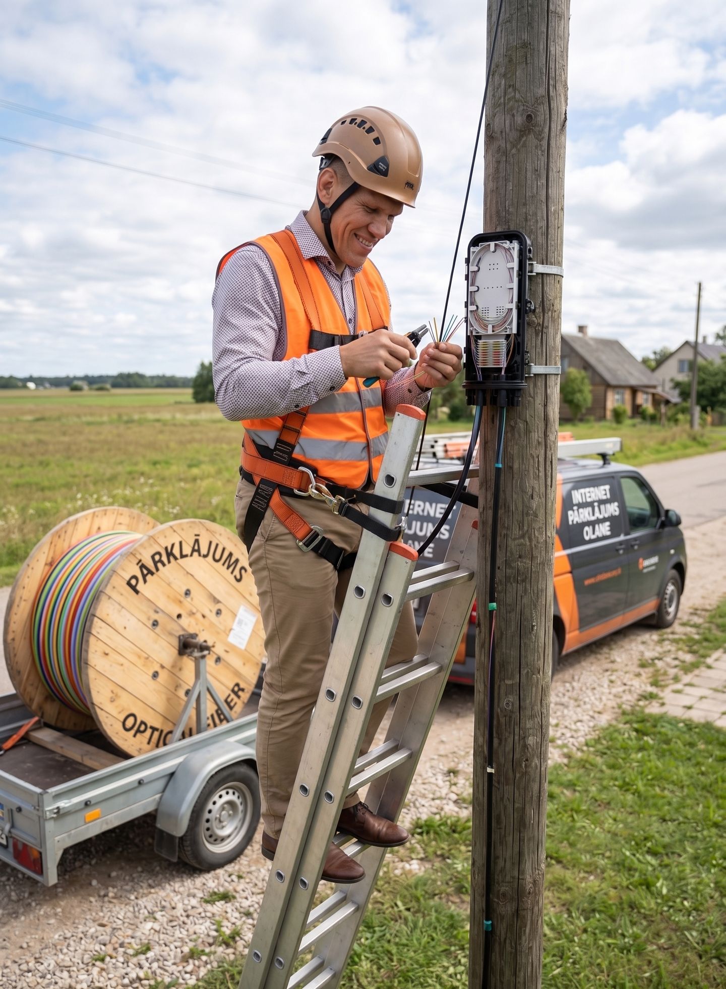 Kudrins ķiverē un oranžā vestē uz kāpnēm pie elektrības staba montē optiskā kabeļa sadales kārbu; blakus piekabe ar kabeļa spoli un busiņš.