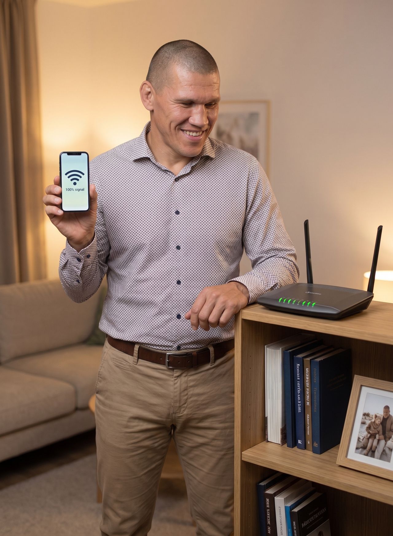 Kudrins dzīvojamā istabā rāda telefonu ar pilnu Wi‑Fi signālu; uz grāmatplaukta stāv rūteris ar zaļām gaismiņām.